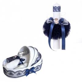 Trusou botez in landou si lumanare glob cu ingeras, decor bleumarin denikos® 161