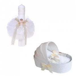 Trusou botez in landou si lumanare glob cu ingeras, decor ivoire denikos® 162