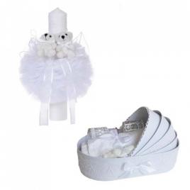 Trusou botez in landou si lumanare glob cu ursuleti, decor alb denikos® 154