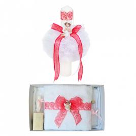 Lumanare botez glob cu ingeras si trusou botez dantela, decor corai, denikos®