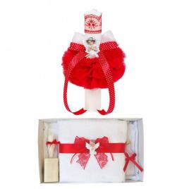 Lumanare botez glob cu ingeras si trusou botez dantela, decor rosu, denikos® 611