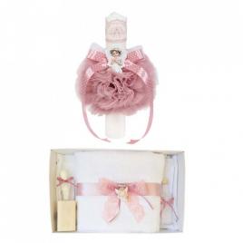 Lumanare botez glob cu ingeras si trusou botez dantela, decor roz pudra,