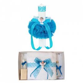 Lumanare botez glob cu ingeras si trusou botez dantela, decor turcoaz, denikos®