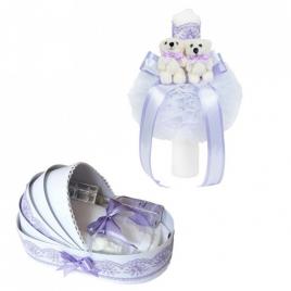 Lumanare botez glob cu ursuleti si trusou botez in landou, decor lila, denikos®