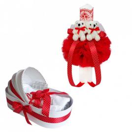Lumanare botez glob cu ursuleti si trusou botez in landou, decor rosu, denikos®