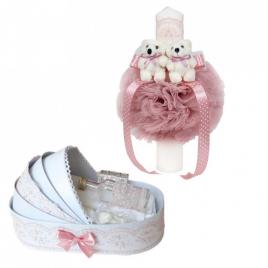 Lumanare botez glob cu ursuleti si trusou botez in landou, decor roz pudra,