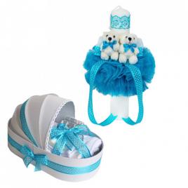 Lumanare botez glob cu ursuleti si trusou botez in landou, decor turcoaz,