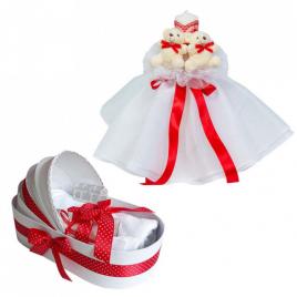 Lumanare botez rochita, cu ursuleti si trusou botez in landou, decor rosu,