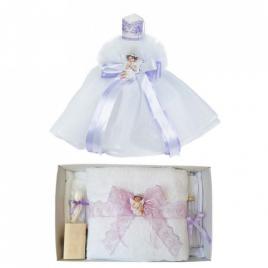 Lumanare botez tul si ingeras si trusou botez dantela, decor lila, denikos® 625