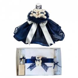 Lumanare botez tul si ursuleti si trusou botez dantela, decor bleumarin,