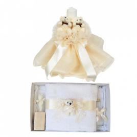 Lumanare botez tul si ursuleti si trusou botez dantela, decor ivoire, denikos®