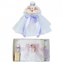 Lumanare botez tul si ursuleti si trusou botez dantela, decor lila, denikos® 618