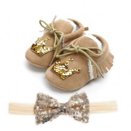 Pantofiori imblaniti maro cu bentita asortata (marime disponibila: 3-6 luni