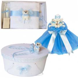 Set ursuleti trusou botez, cutie trusou si lumanare, decor bleu, denikos® 572