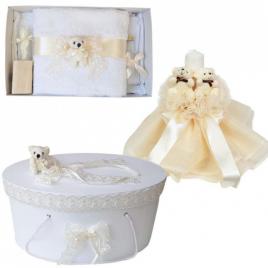 Set ursuleti trusou botez, cutie trusou si lumanare, decor ivoire, denikos® 575