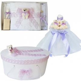 Set ursuleti trusou botez, cutie trusou si lumanare, decor lila, denikos® 576