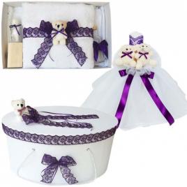 Set ursuleti trusou botez, cutie trusou si lumanare, decor mov, denikos® 577