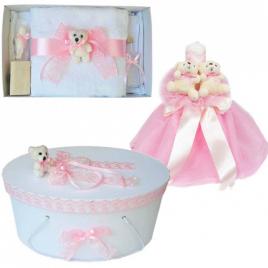 Set ursuleti trusou botez, cutie trusou si lumanare, decor roz, denikos® 579