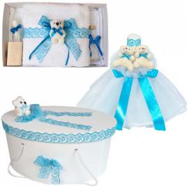 Set ursuleti trusou botez, cutie trusou si lumanare, decor turcoaz, denikos® 580