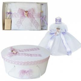 Set dantela trusou botez, cutie trusou si lumanare, ingeras, decor lila,