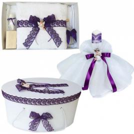 Set dantela trusou botez, cutie trusou si lumanare, ingeras, decor mov,