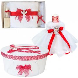 Set dantela trusou botez, cutie trusou si lumanare, ingeras, decor rosu,
