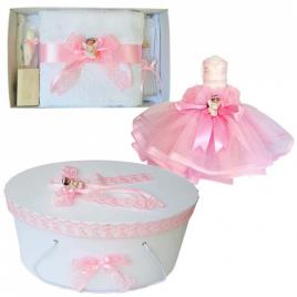 Set dantela trusou botez, cutie trusou si lumanare, ingeras, decor roz,