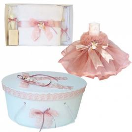 Set dantela trusou botez, cutie trusou si lumanare, ingeras, decor roz prafuit,