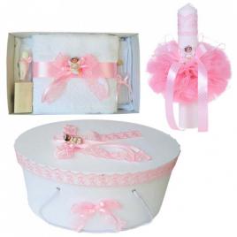 Set trusou botez, cutie trusou si lumanare, ingeras, dantela roz, denikos® 474