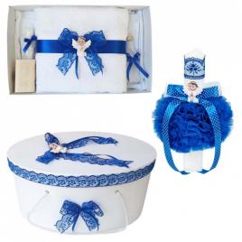 Set trusou botez, cutie trusou si lumanare, dantela si ingeras, decor albastru,
