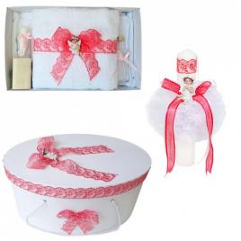 Set trusou botez, cutie trusou si lumanare, dantela si ingeras, decor corai,