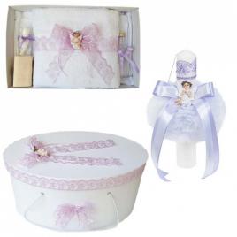 Set trusou botez, cutie trusou si lumanare, dantela si ingeras, decor lila,