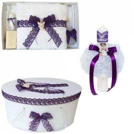Set trusou botez, cutie trusou si lumanare, dantela si ingeras, decor mov,