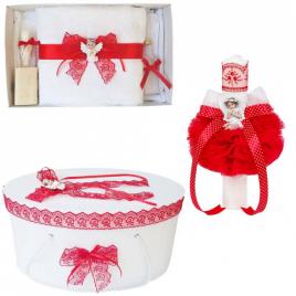 Set trusou botez, cutie trusou si lumanare, dantela si ingeras, decor rosu,