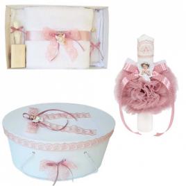 Set trusou botez, cutie trusou si lumanare, dantela si ingeras, decor roz