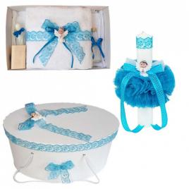 Set trusou botez, cutie trusou si lumanare, dantela si ingeras, decor turcoaz,