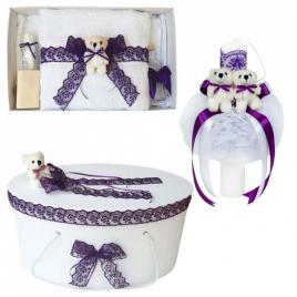 Set trusou botez, cutie trusou si lumanare, dantela si ursuleti, decor mov,