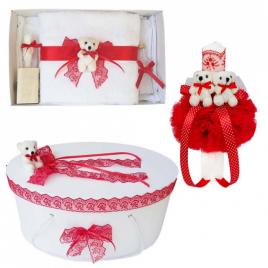 Set trusou botez, cutie trusou si lumanare, dantela si ursuleti, decor rosu,