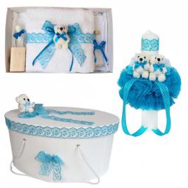 Set trusou botez, cutie trusou si lumanare, dantela si ursuleti, decor turcoaz,