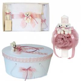 Set trusou botez, cutie trusou si lumanare, dantela si ursuleti, decor roz