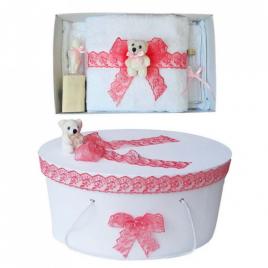 Set trusou botez si cutie trusou, ursulet, dantela corai, denikos® 461