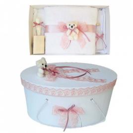 Set trusou botez si cutie trusou, ursulet, dantela dusty rose, denikos® 465