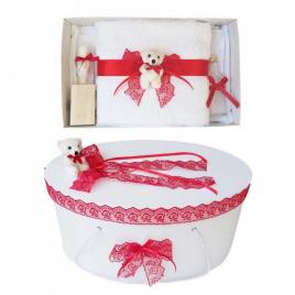 Set trusou botez si cutie trusou, ursulet, dantela rosie, denikos® 464
