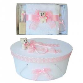 Set trusou botez si cutie trusou, ursulet, dantela roz, denikos® 466