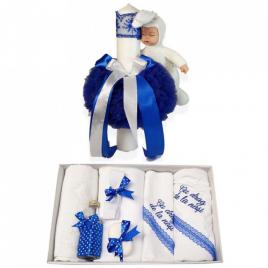 Trusou botez cu mesaj si lumanare cu iepuras, decor albastru, denikos® 542