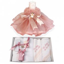 Trusou botez cu mesaj si lumanare dantela si ingeras, decor roz pudra, denikos®