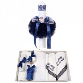 Trusou botez cu mesaj si lumanare glob cu ingeras, decor bleumarin, denikos® 548