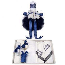 Trusou botez cu mesaj si lumanare pentru baietel, ursuleti, decor bleumarin,
