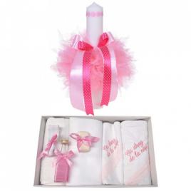 Trusou botez cu mesaj si lumanare pentru fetita, floricele, decor roz, denikos®
