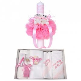 Trusou botez cu mesaj si lumanare pentru fetita, ursuleti, decor roz, denikos®